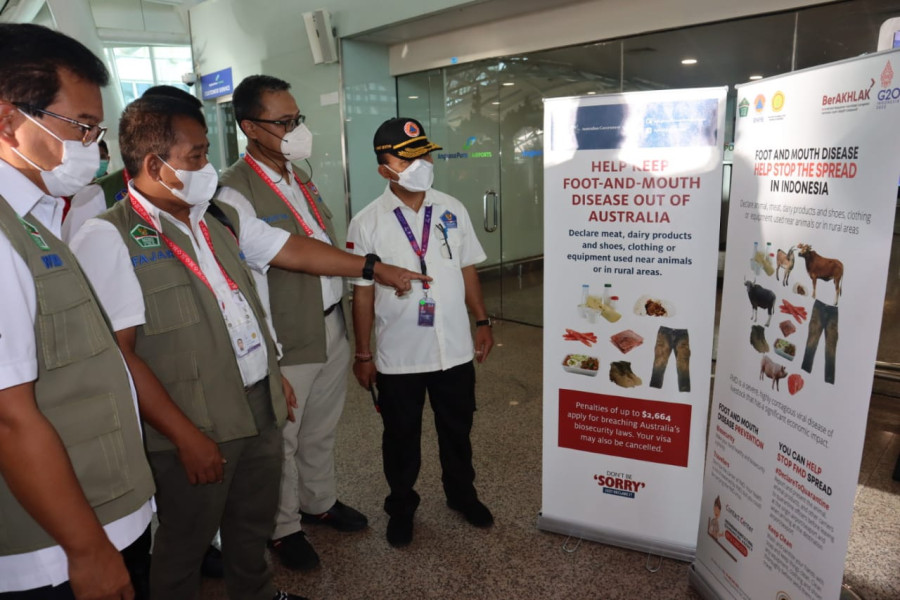 Deputi Bidang Penanganan Darurat BNPB Mayjen Fajar Setyawan (kedua dari kiri) dan Deputi Bidang Sistem dan Strategi BNPB Raditya Jati (kedua dari kanan) meninjau publikasi edukasi penanganan penyakit mulut dan kuku di Terminal Keberangkatan Internasional Bandara I Gusti Ngurah Rai, Bali pada Selasa (15/11).