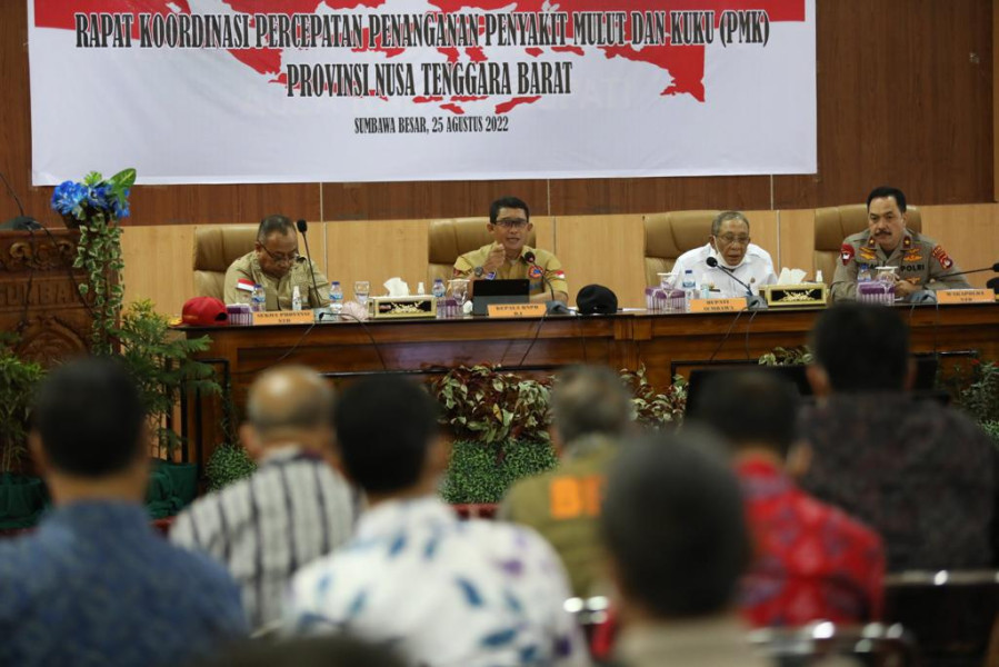 Ketua Satgas PMK Letjen TNI Suharyanto (tengah kiri) memberikan arahan dalam Rapat Koordinasi Penanganan PMK bersama jajaran Pemerintah Kabupaten Sumbawa di Kantor Bupati Sumbawa, Kamis (25/8).