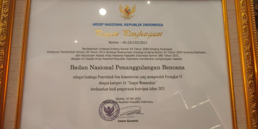 BNPB Menerima Penghargaan Nilai Pengawasan Kearsipan 2021