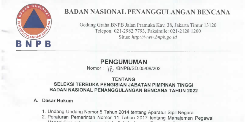 Pengumuman Seleksi Terbuka Pengisian Jabatan Pimpinan Tinggi BNPB 2022